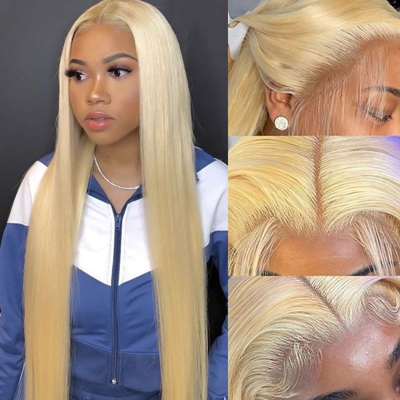 #613 Blonde Silky Straight Human Hair 4x4 5x5 Lace Closure Wig - 图片 3